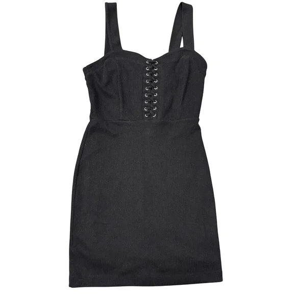 Forever 21 Black Corduroy Mini Dress Lace Up Front Sleeveless Casual - Picture 1 of 3